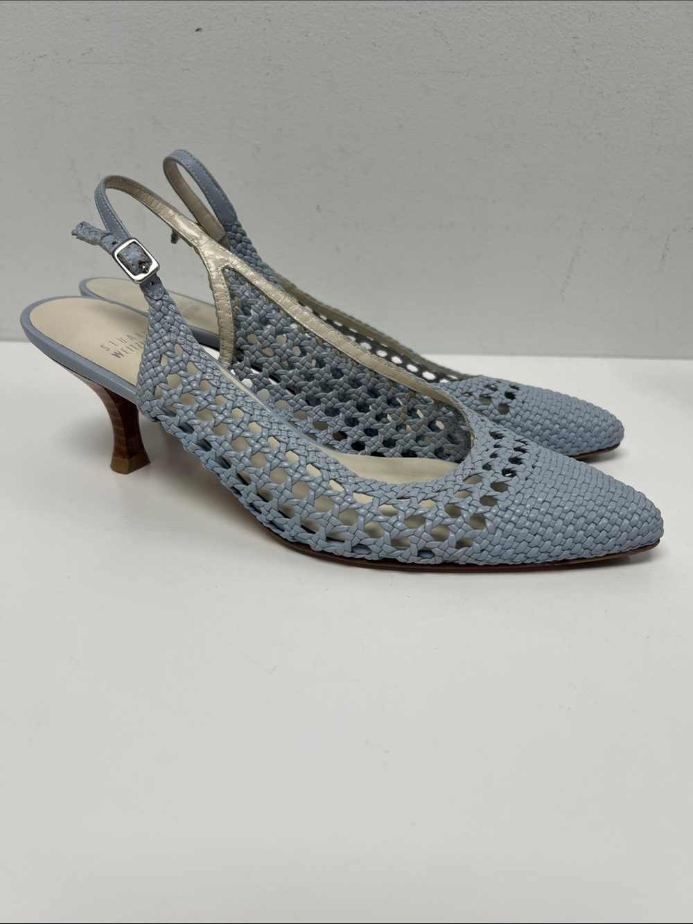 Stuart Weitzman Light Blue Woven Slingback Pointed-Toe Heels